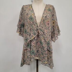 Cabi Womens Boho Floral Fairy Ruffle Babydoll Poet Top‎ Size M Beige Sheer Flowy